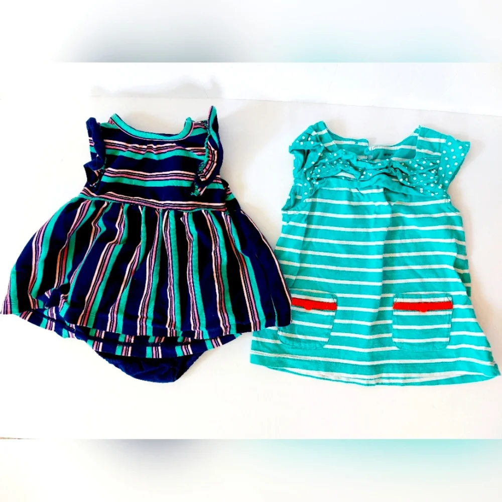 Set of 2 Stripe Dresses Aqua & Navy‎ Blue 18 months Carters with 1 pair Bloomers